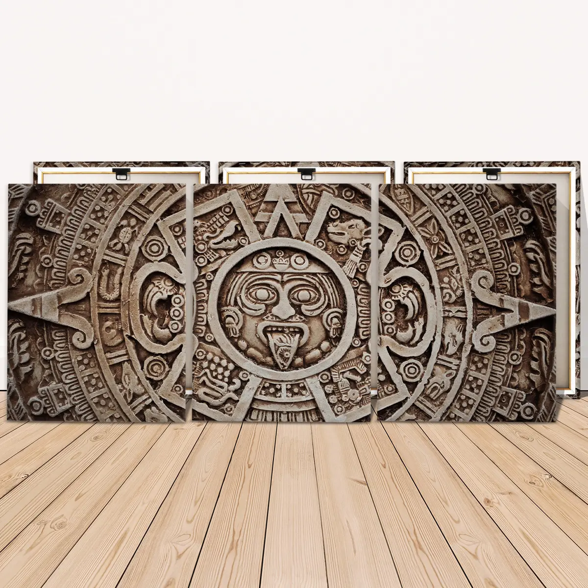 3 Counts Wooden Framed Canvas Painting, Ancient Aztec Calendar Stone Images, Aztec Design, Poster, Graphic Prints, Perfect Living Room Decoration, Modern Art, Unique Artwork, Wall Art Decoration, Waterproof Art, Art Work For Wall Decor