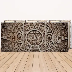 3 Counts Wooden Framed Canvas Painting, Ancient Aztec Calendar Stone Images, Exquisite Poster, Perfect Living Room Decoration, Modern Art, Fashion Family Poster, Wall Art Decoration, Waterproof Art