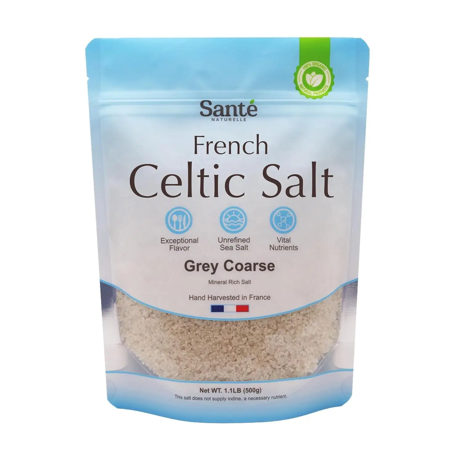 Sante Naturelle Grey Coarse Celtic Salt - 1.1lb (18oz) Unrefined Organic French Sea Salt, Hand Harvested Sal Celtica, Rich in 82+ Minerals, Enhanced Flavor