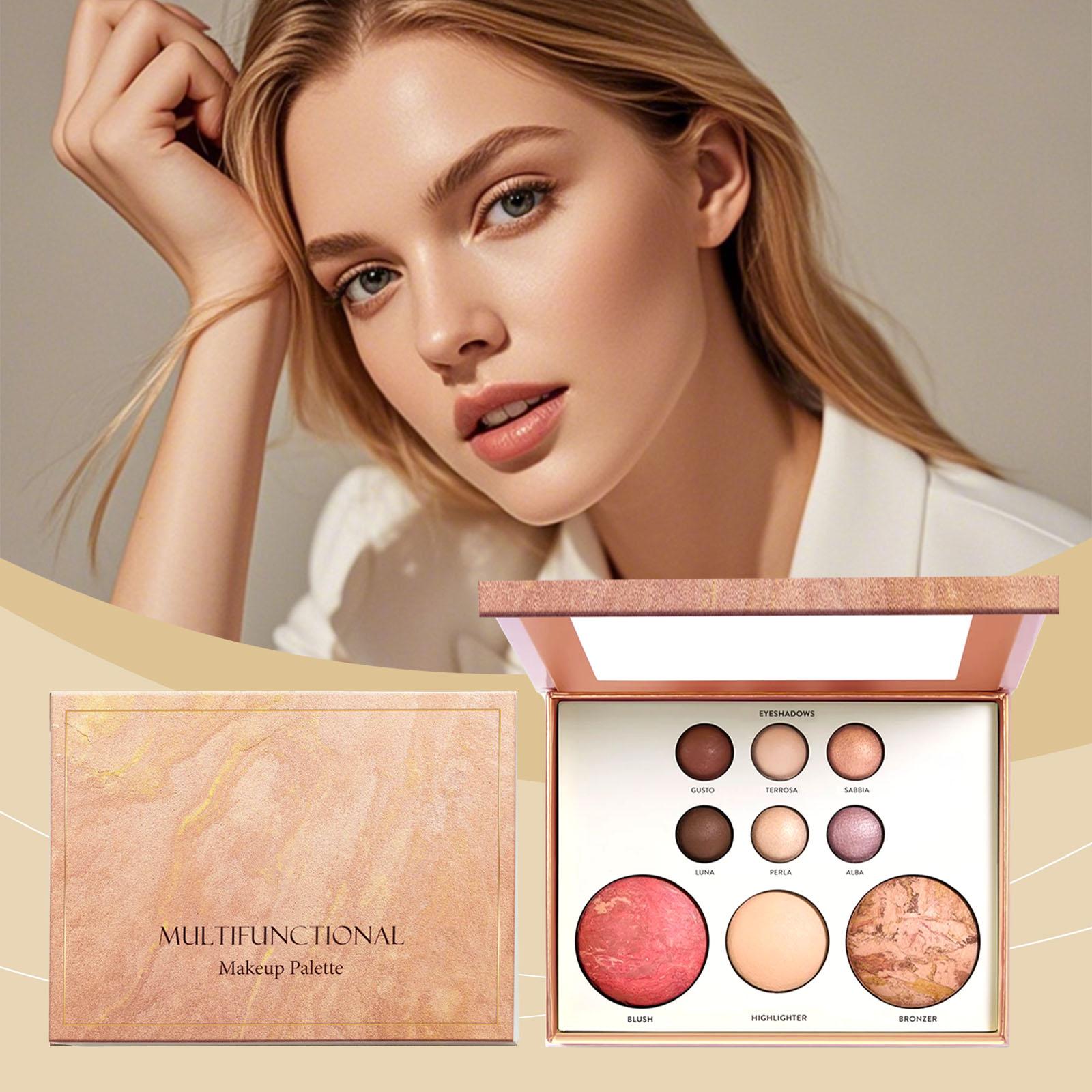 BUY 1 GET 1 FREE! Safe Multifunctional Makeup Palette - Baked Starter Full Face Cosmetic Set with Bronze Eyeshadow, Highlighter, Contour, Blush - Suitable for All User Skill Levels for Glam Looks