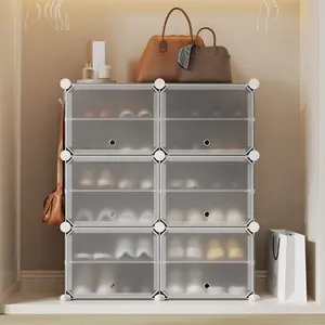 Modular Shoe Storage Rack with Translucent Doors, Freestyle 6-Cube Shoe Organiser with Dustproof Panels & Side Hooks, DIY Easy Assembly for Hallway, Bedroom, Study, 85x34x94cm  ﻿