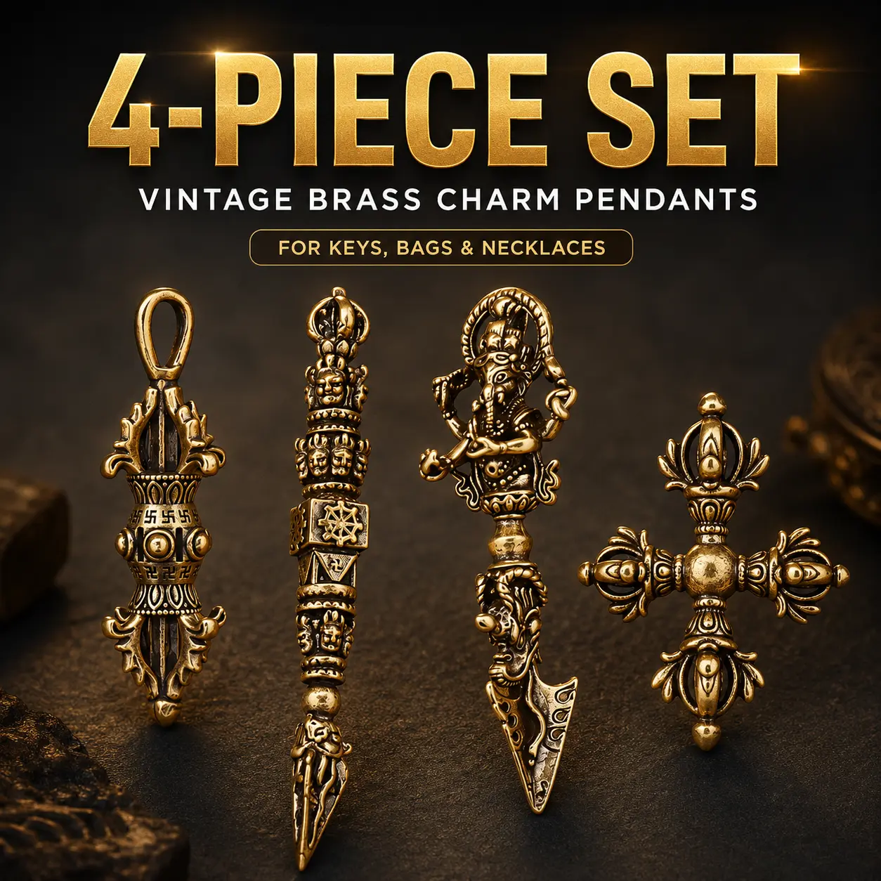 4-Piece Set – Pure Brass Vajra and Cross Pendant, Esoteric Protection Amulet, Creative Retro Keychain Charm for Men and Women