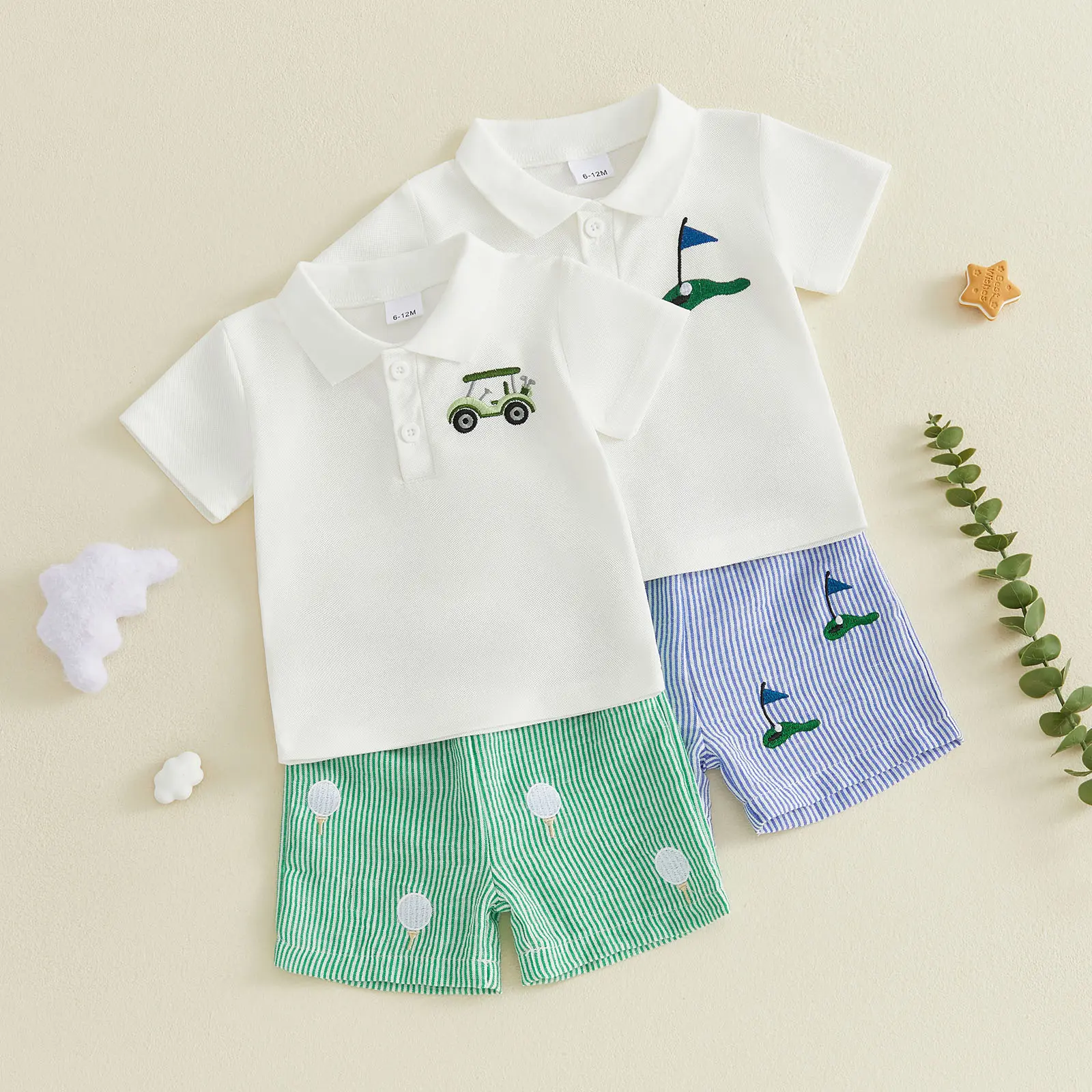 Infant Baby Boys 2-Piece Summer Golf Clothing Set - Embroidery Lapel Short-Sleeve T-Shirt, Elastic Striped Shorts, Casual Baby Boys Gift Sets for 0-4 Years