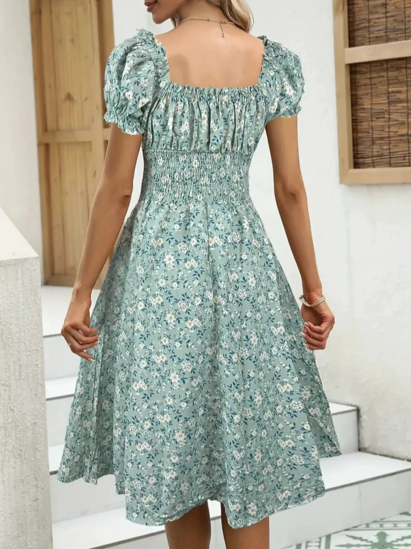 Vintage Floral Print Bubble Sleeve French Dress, Elegant Women's Casual Party Wear, Comfortable, Fitted & Stylish Design, Perfect for All Occasions