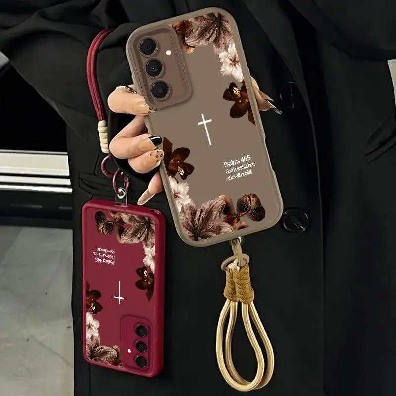 Vintage Floral Aesthetics Lanyard Smartphone Casing for Galaxy A16, Christian Psalms 46:5 Cross, Matte Finish Anti-Drop Bumper, Religious Birthday Gift for Her, Cellphone Handheld Accessories