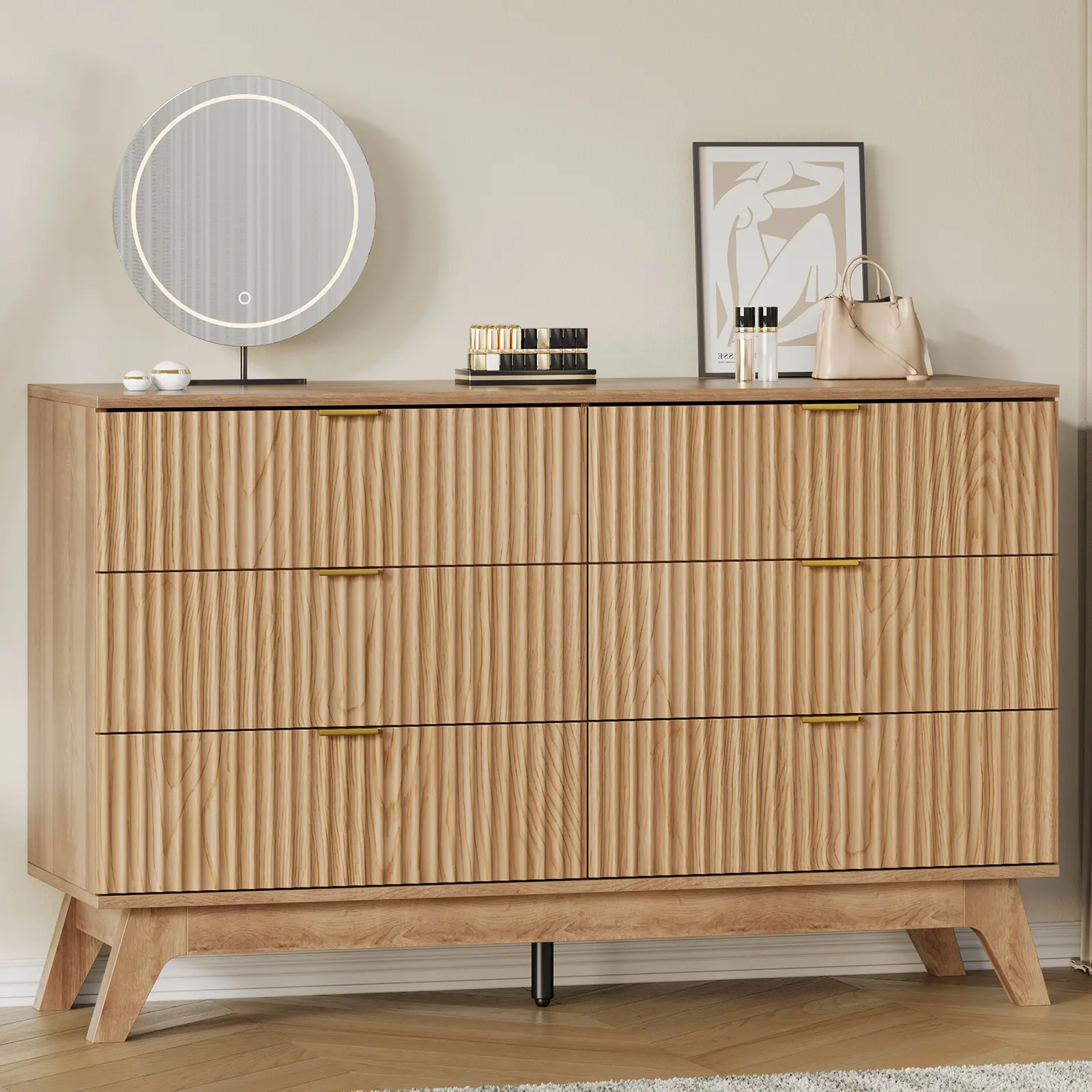 FUSOU 47in Wide Fluted Oak 6-Drawer Dresser - Waterproof Top Wooden TV Stand, Bedroom Decor, Room Storage, Home Organization Storage for Bedroom, Living Room, Baby Nursery, Drawer Organization