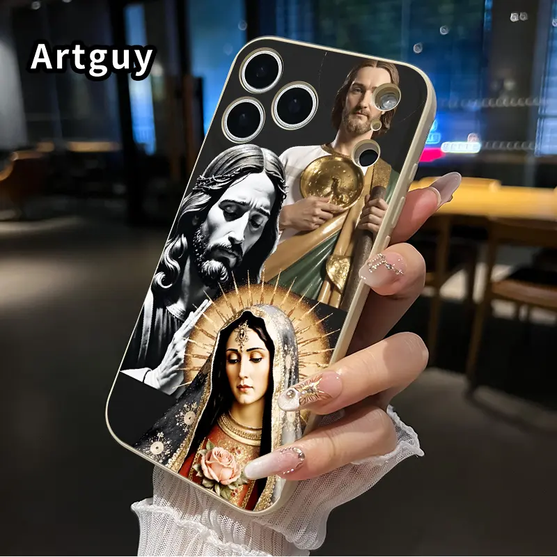 Holy Trinity Pattern Straight Edge Phone Case for iPhone 17 15 16 14 Pro Max 13 12 11 XR XS Plus Air E Shockproof Full Camera Protection Durable Slim Liquid Silicone Cover Smartphone Casing
