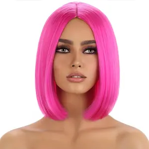 Hot Pink Wigs for Women Hot Pink Bob Short Straight Magenta Wig Middle Part Synthetic Heat Resistant Cosplay Costume Party Wigs