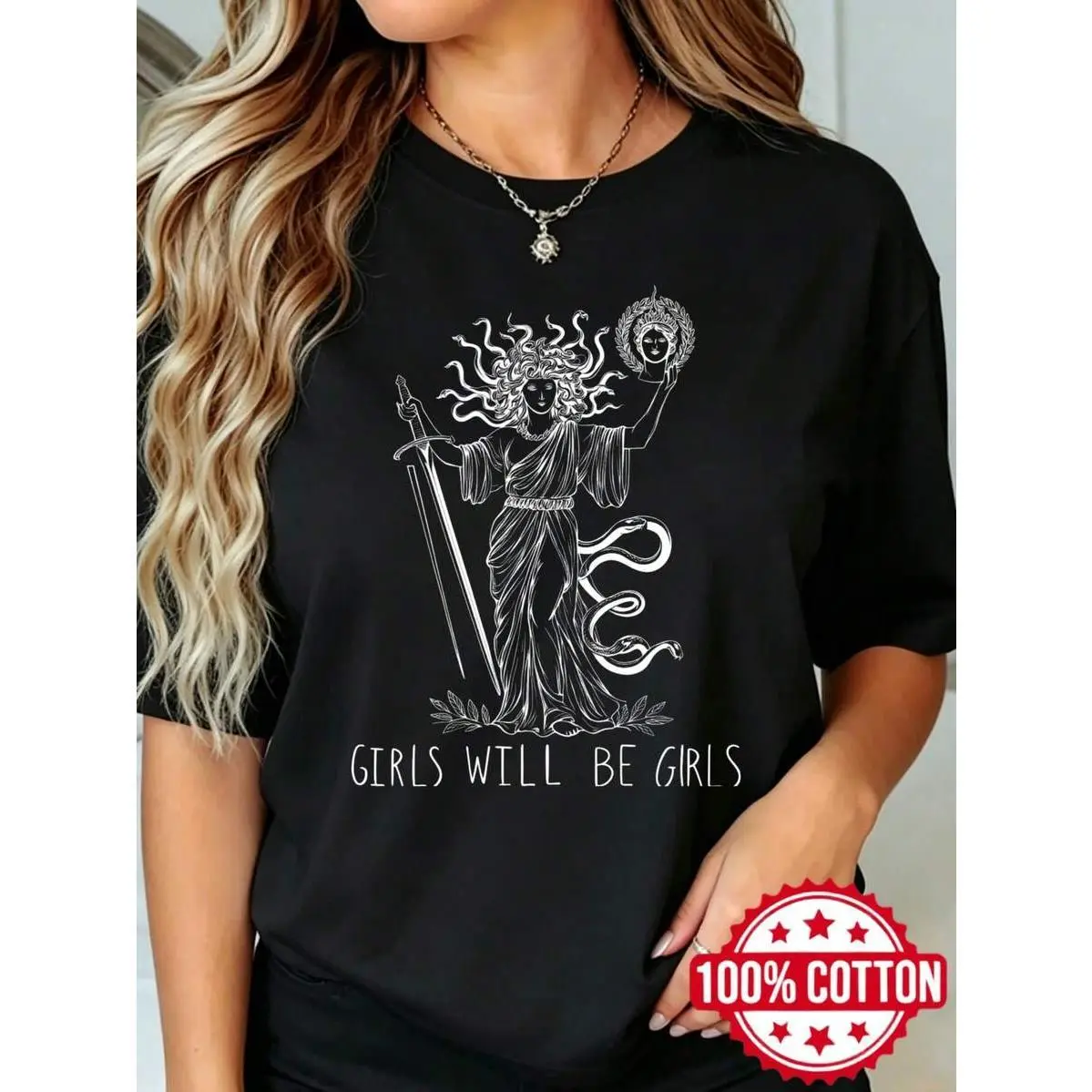 Women's Fashion Printed Round Neck T-Shirt Goddess With Sword And Sun Machine Washable Comfortable And Breathable Unisex S-3XL A Perfect Gift For Birthdays And Holidays Top Womenswear