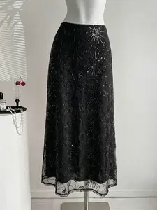 Women's Sequin Firework Embroidery Midi Skirt, High Waist Lace A-Line Dress, Slimming Elegant Long Skirt Nk-0004-603044