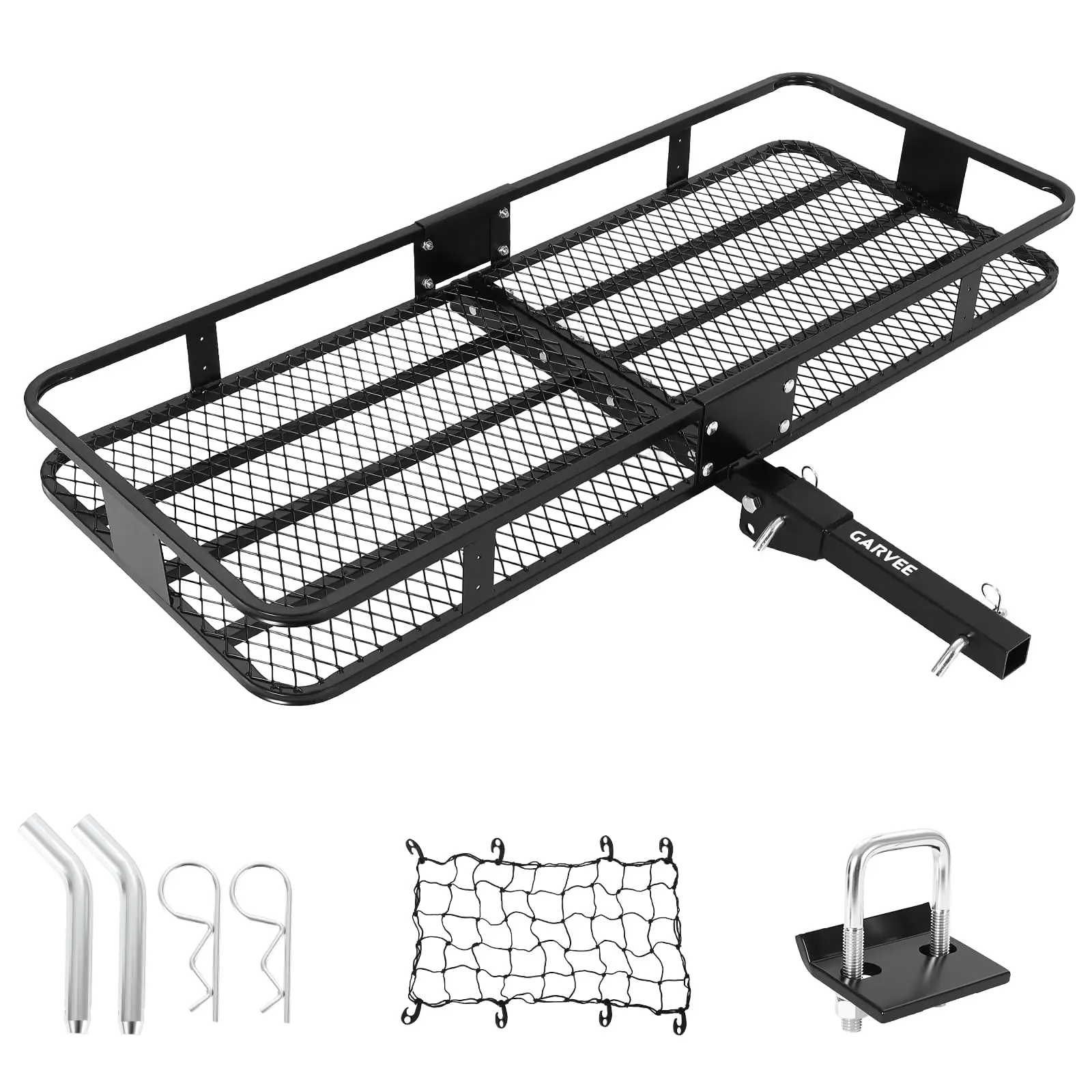 Folding Hitch Mount Cargo Carrier Basket 60" x 20" x 6",Hauling Weight Capacity of 500 Lbs and Folding Arm.with Hitch Stabilizer, Cargo Net and Ratchet Straps