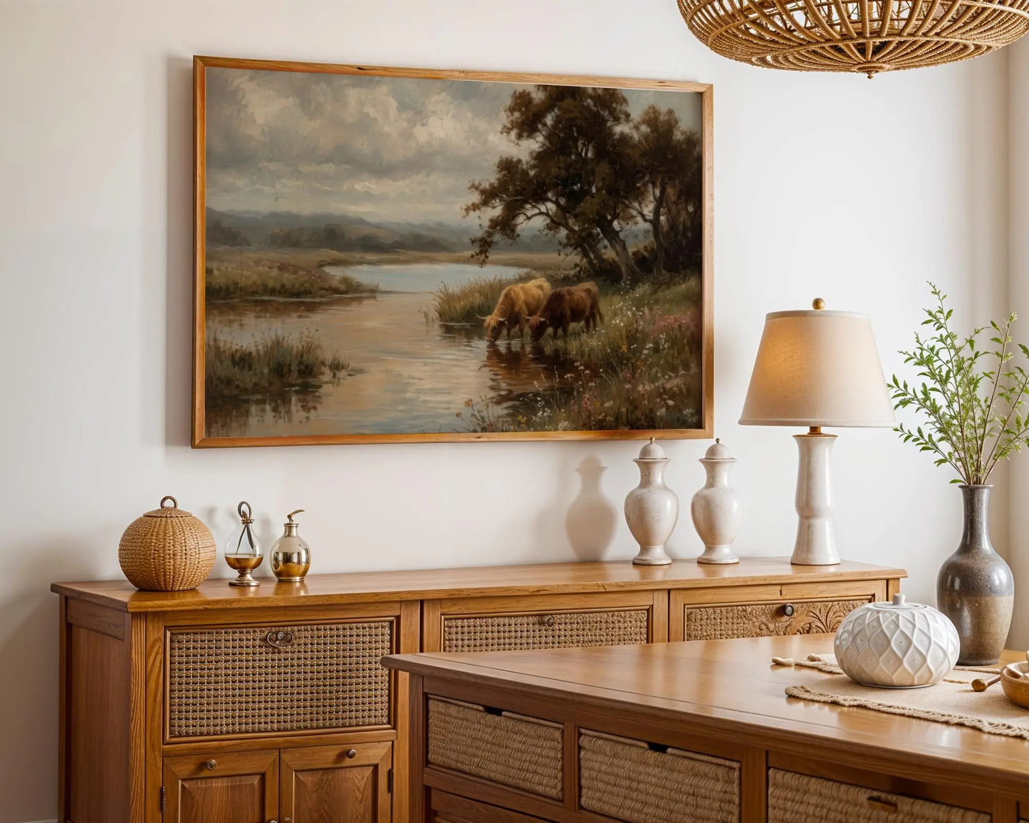 [SALE UP TO 40%] [Unframed] Vintage Highland Cow Painting Poster, Moody River Landscape Art Print, Horizontal Scottish Countryside Wall Decor, Rustic Farmhouse Artwork