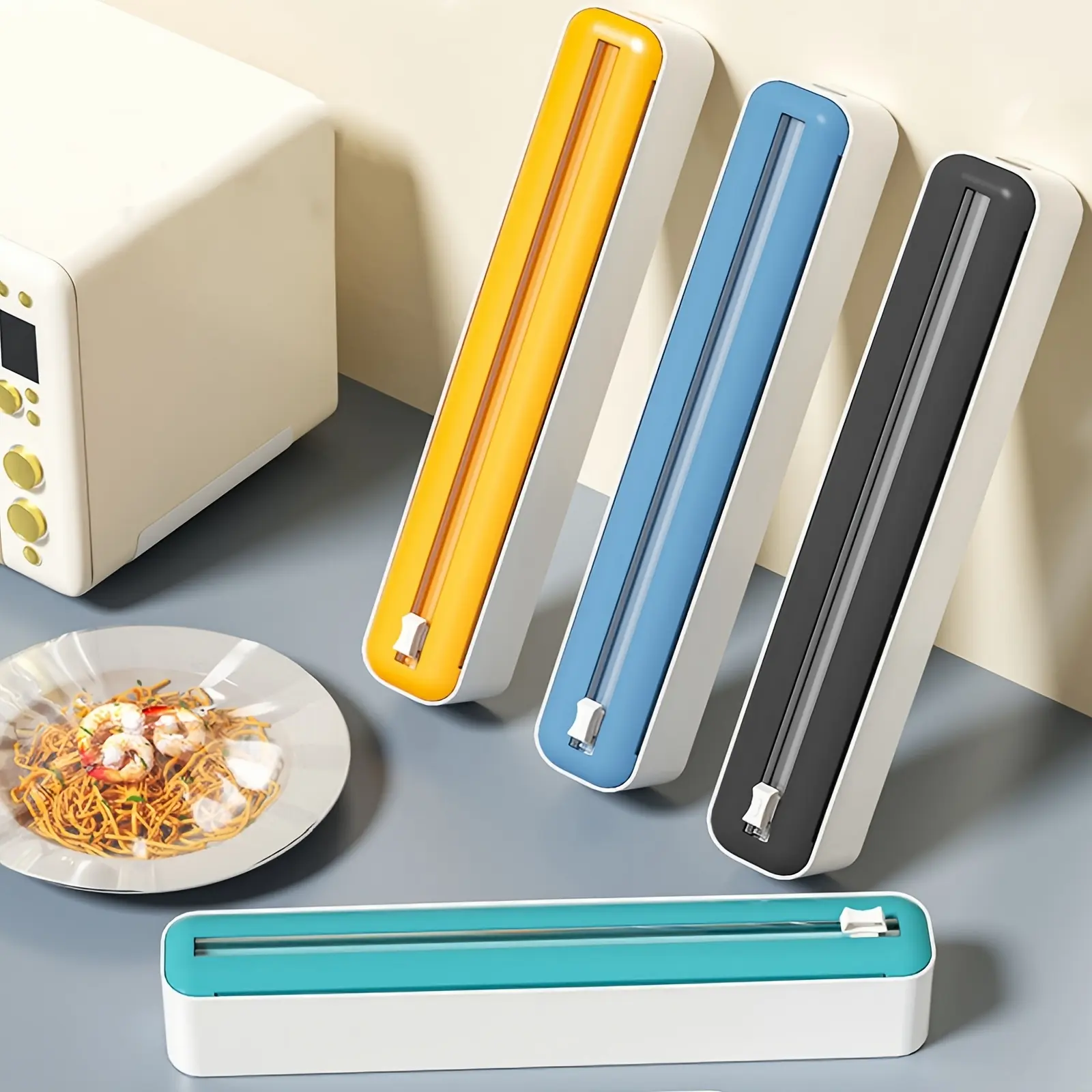[2-in-1 Wrap & Foil Dispenser] 2-in-1 Plastic Wrap & Foil Dispenser with Slide Cutter - Durable Kitchen Organizer with Suction Cup Base for Home and Commercial Use, Cutting Box, Stable Storage, Practical Tool