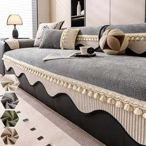 French Fringe Lace Chenille Sofa Cover, Full Wrap Luxurious Sofa Blanket, All-Season Universal Fit, 1pc Elegant Home Decor