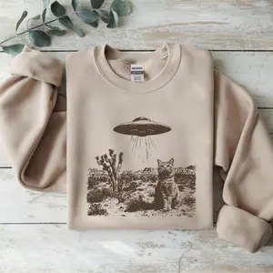 Gildan UFO Cowboy Cat Sweatshirt, Retro Western Rodeo Crewneck, Fun UFO & Cowboy Graphic Sweater, Trendy Cat Lover Gift, Cosmic Cowboy Style Pullover