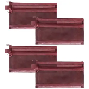 Mesh  Bags, 4 count Nylon Makeup Pouches with Double Zippers for  Office Purse Diaper Bag (Burgundy)