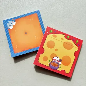 StickyRiceCo Cheese and Cat Themed Memo Pads - 3.5 in x 3.5 in Square - 48 Pages Each - Printed on 70lb/105gsm Paper - Thick Recycled Cardstock Backing - Not Sticky