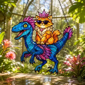 Fantasy Princess Cat Riding Dragon Acrylic Suncatcher Whimsical Adventure Window Hanging Colorful Reader Gift
