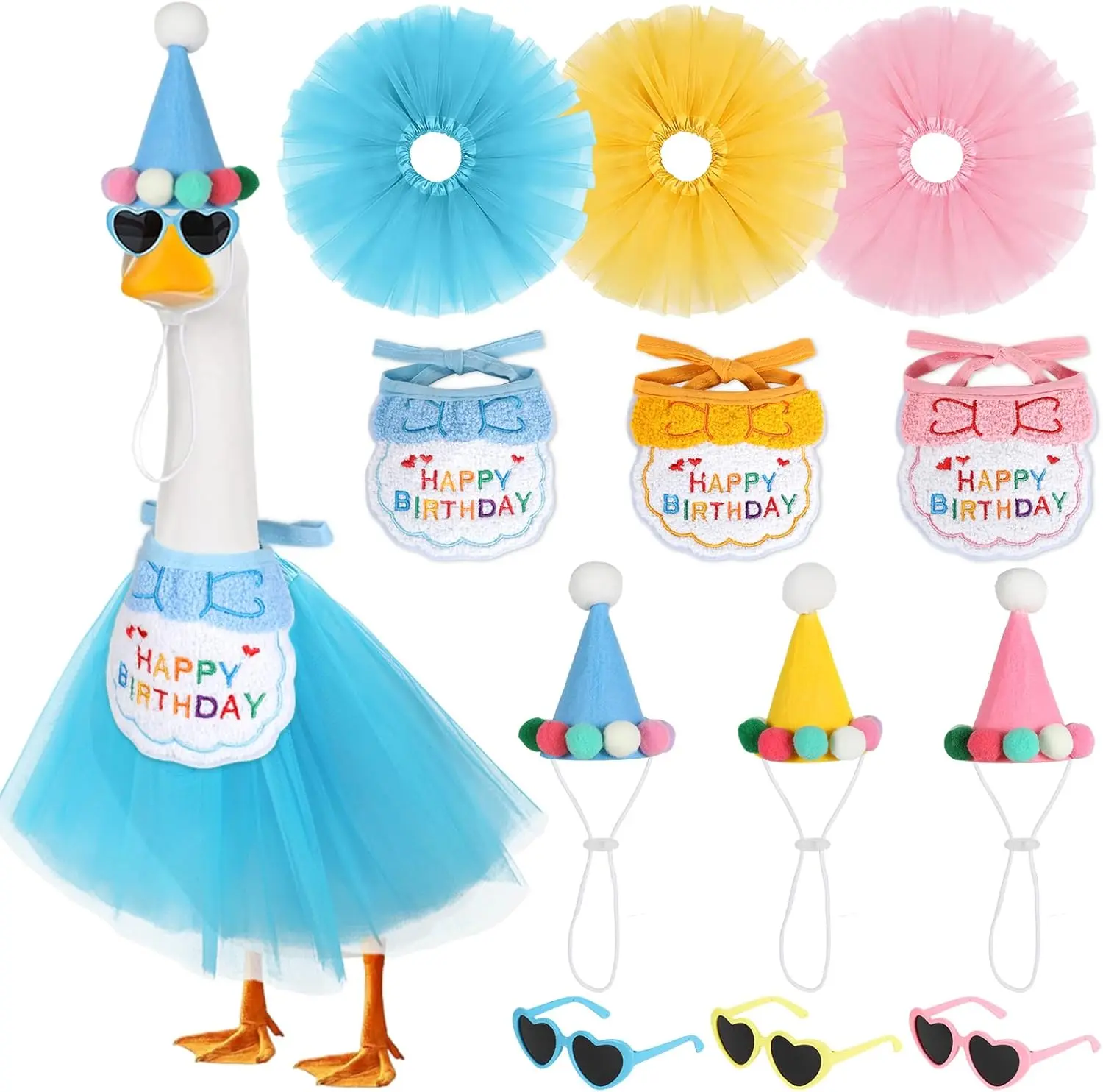 3 Pack Birthday Themed Costume Sets for 17 and 23 Inch Lawn Goose Statues Party Hat Bandana Tutu Skirt and Glasses Decorative Outfits for Cement Goose Figurines Outdoor Yard Garden Patio Ornament Decor