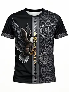 Men's Eagle and Tribal Pattern T-Shirt, Casual Round Neck, Micro Stretch Fabric, Animal Print, Perfect for Teens and Universal Fit