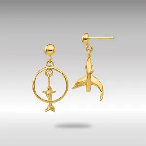 14K Gold Polished 3D Dolphin Jumping Through Hoop Dangle Earrings - Model H1132