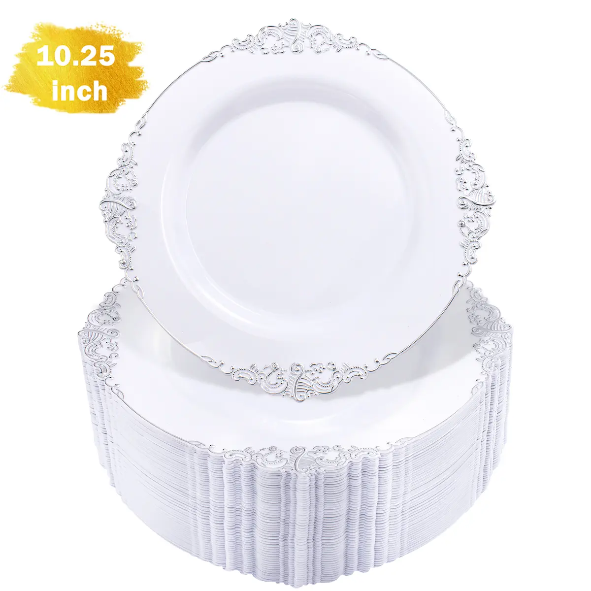 100pcs Sturdy Round White Silver Plastic Dinner Plates - 10.25in Disposable Heavy-duty Luxury Baroque-inspired Patterns Bulk Pack for Thanksgiving, Birthday, Outdoor Wedding Reception Home/Festive Party Supplies