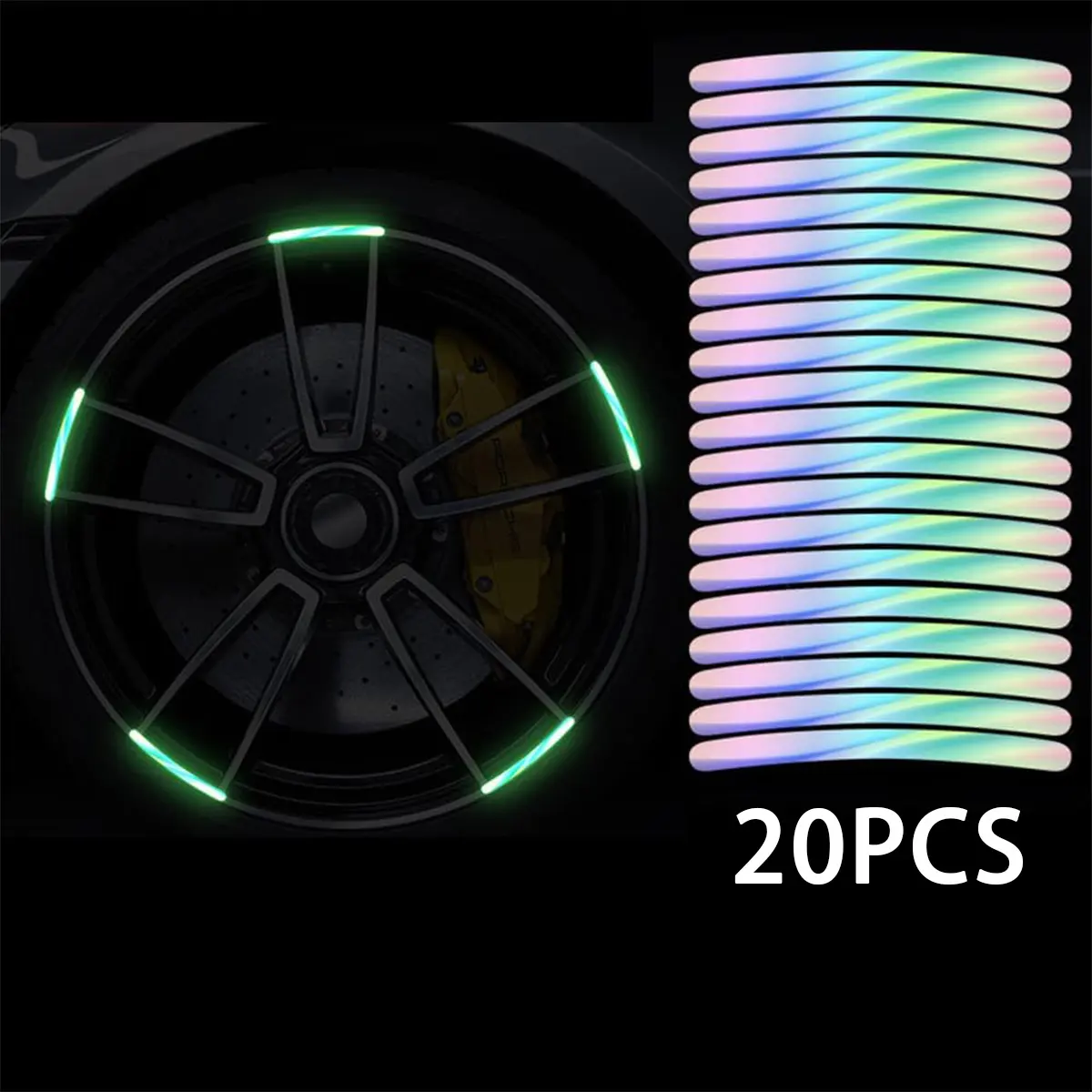 20PCS PVC High-Reflective Car & Motorcycle Wheel Rim Stripe Tape Sticker Set - Self-Adhesive 0.7×9Cm/0.27×3.54In, Scratch-Resistant, Waterproof Visibility Aid for All Riders and Drivers’ Night Riding, Foggy Highway Drives Exterior Accessories