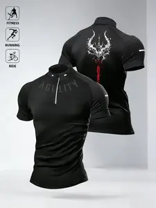 Unisex Dark Trident Demon Print Quarter Zip Performance T-Shirt | Y2K Athletic High Street Fitness Running Cycling Compression Top
