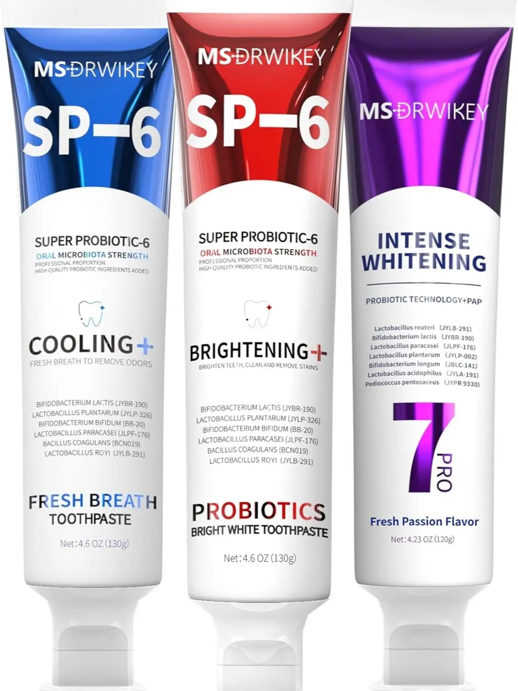 MSDRWIKEY SP-6 Toothpaste, Cooling Fresh Breath, and Popping 7-Pro Whitening Toothpaste Bundle | 6 Probiotics for Oral Health, Fluoride-Free, Safe for Enamel, Deep Whitening & Freshness