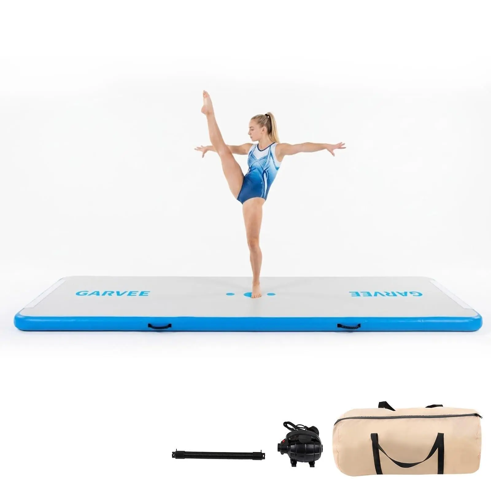 Gaomon Easy Inflate Gym Mat, 10ft Inflatable Air Gymnastics Tumble Track with Air Pump & Storage Bag, 4-in Thickness Mat for Outdoor Cheerleading Yoga, White