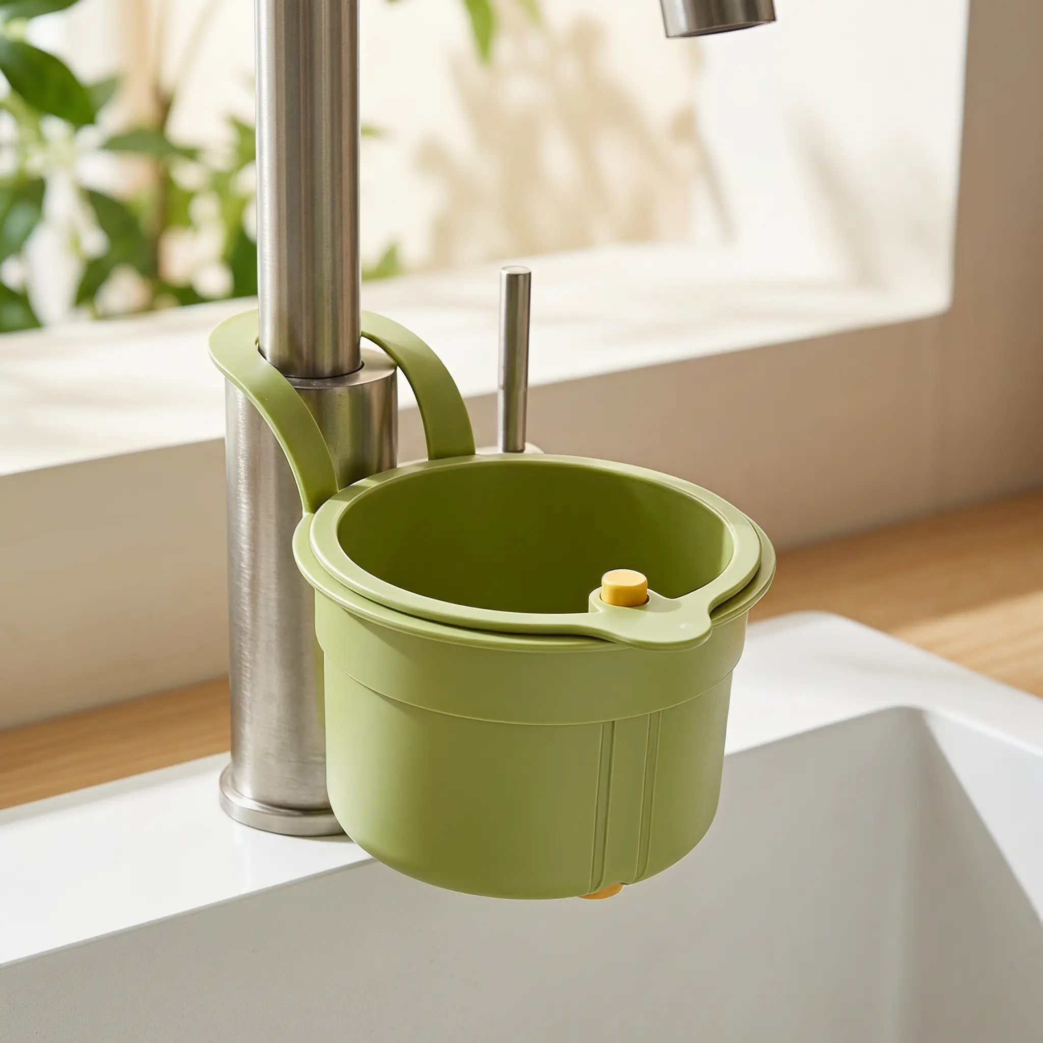 【SummerWins】Sink Strainer Basket with Bottom-Release, Multifunctional Hanging Kitchen Sink Drain Catcher for Food Scraps, Clip-On Faucet Hook, Easy-Clean Removable Filter, Avocado Green