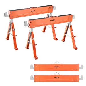 VEVOR Saw Horses, 2 Pack Folding Work Horses, 1800 lbs Load Capacity Sawhorse with Heavy Duty Legs, Adjustable Height Saw Horse with Non-Slip Foot Pads, for Woodworking, Carpenters Contractors