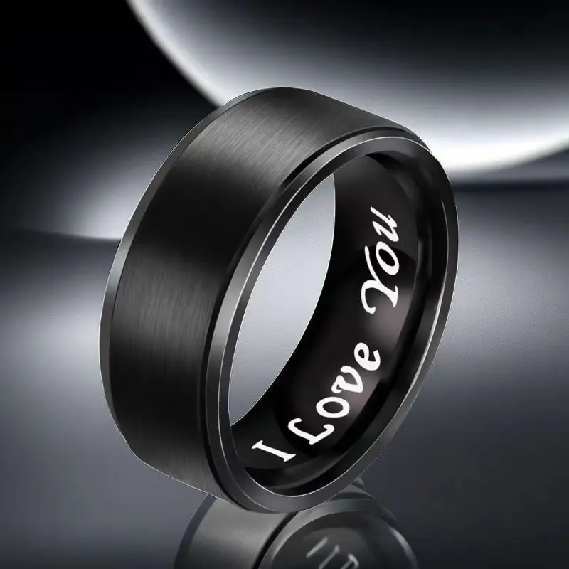 DearLuniva Promise Rings for Boyfriend/Girlfriend, Stainless Steel 8MM I Love You Ring Anniversary Rings for Boys/Girls Black
