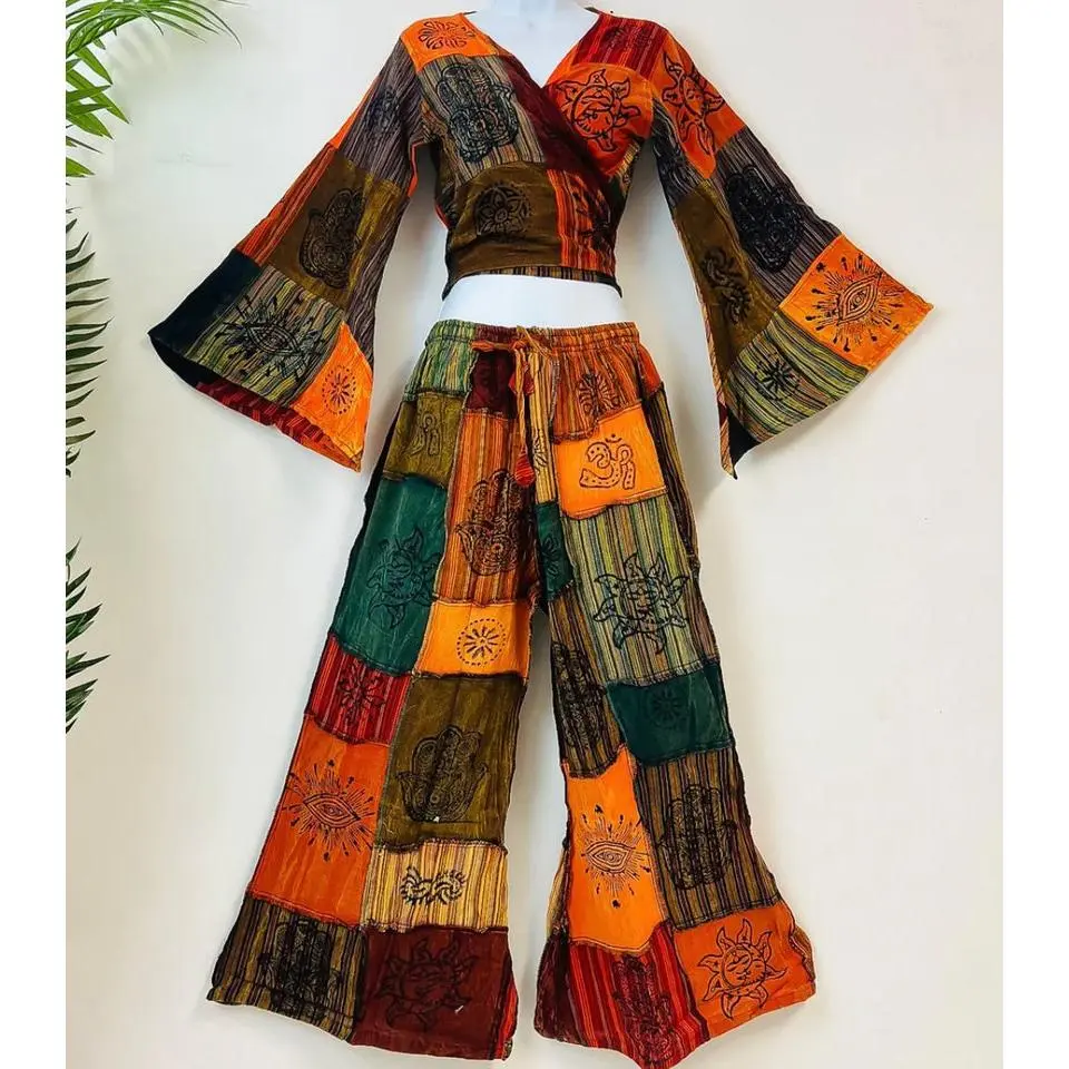 Orange Handmade BoHo Hippie Style Protective Hand and Sun Motif Palazzo Pants with Flare Sleeve Top 2-Piece Outfit Set Made Out of Cotton Patchwork - Invite Protection, Guidance and Prosperity into Your Life