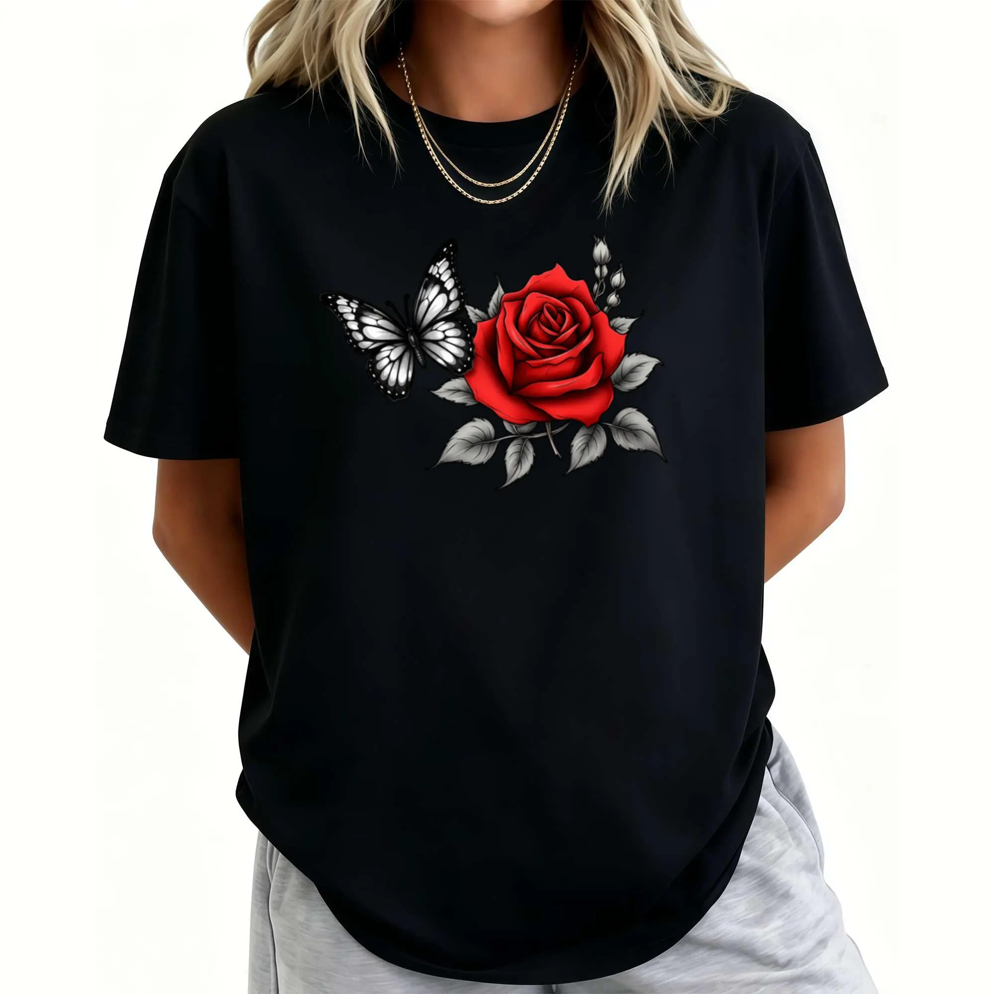 100% cotton printed fabric women's short-sleeve top with red rose and butterfly print, round neck, machine washable, comfortable, soft, breathable, suitable for spring, summer, and autumn. Loose, casual, trendy, fashionable, suitable for daily wear,Muppet