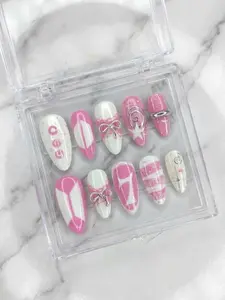 BTS Inspired Pink Press On Fake Nails, K-Pop Army Coquette Nail Art with Silver Bows