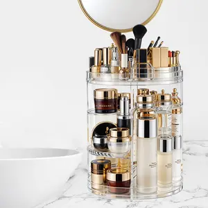 ECOSEAO Rotating Makeup Organizer 8-Layer Adjustable Storage System with Blending Brush Holder & Perfume Trays, Bathroom Vanity Countertop Space Saver Boxes