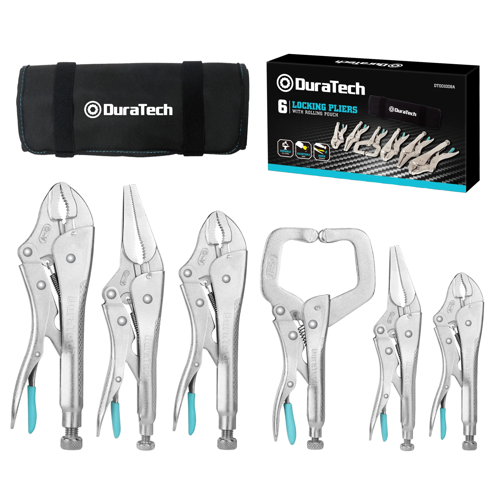 #fathersdaygift DURATECH 6-Piece Locking Pliers Set, CR-V Steel Vice Grip Pliers, Long Nose, Curved Jaw & C-Clamp, Fast Release, 5" 6" 7" 10" 6-1/2" 9-1/2", with Oxford Roll-Up Pouch