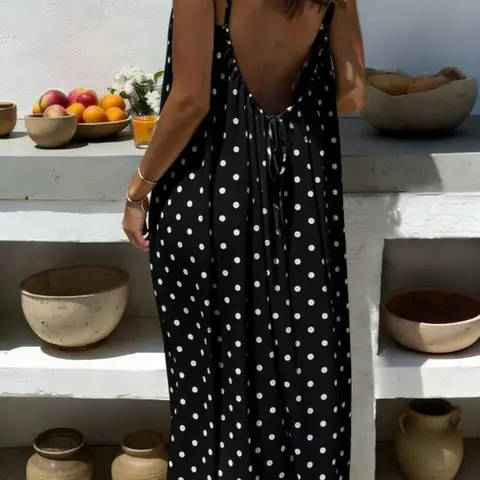 Women's Printed Adjustable Strap Backless Sleeveless Loose Long Dress, Casual Vacation Boho Style, Comfortable and Stylish, Chic, Perfect for Summer, Bohemian, Casual Wear, Boho Flowy Attire, Bohemian Style Dresses