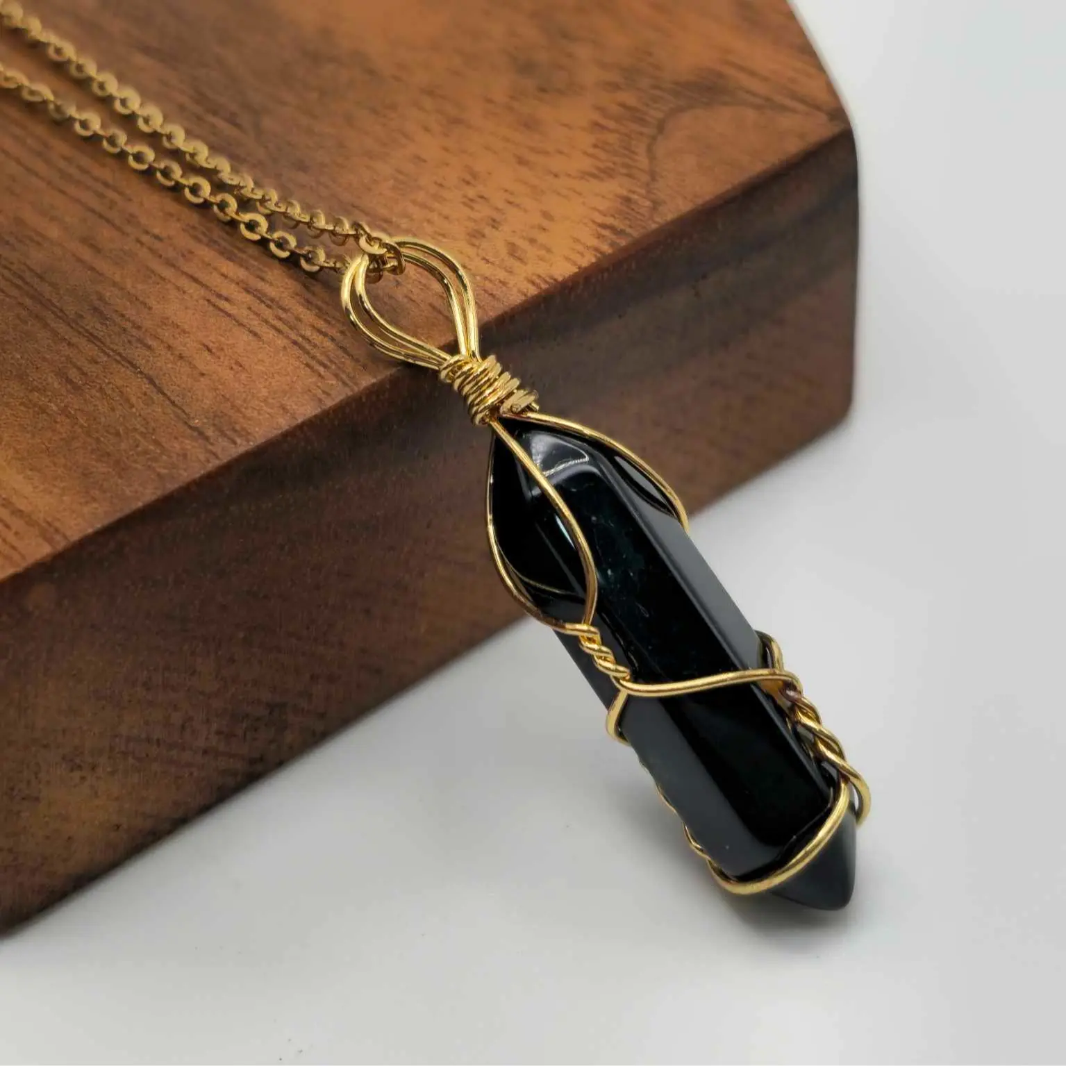 Elegant Wire-Wrapped Black Obsidian Crystal Necklace (18 inches, Silver Tone)