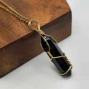 Elegant Wire-Wrapped Black Obsidian Crystal Necklace (18 inches, Silver Tone)