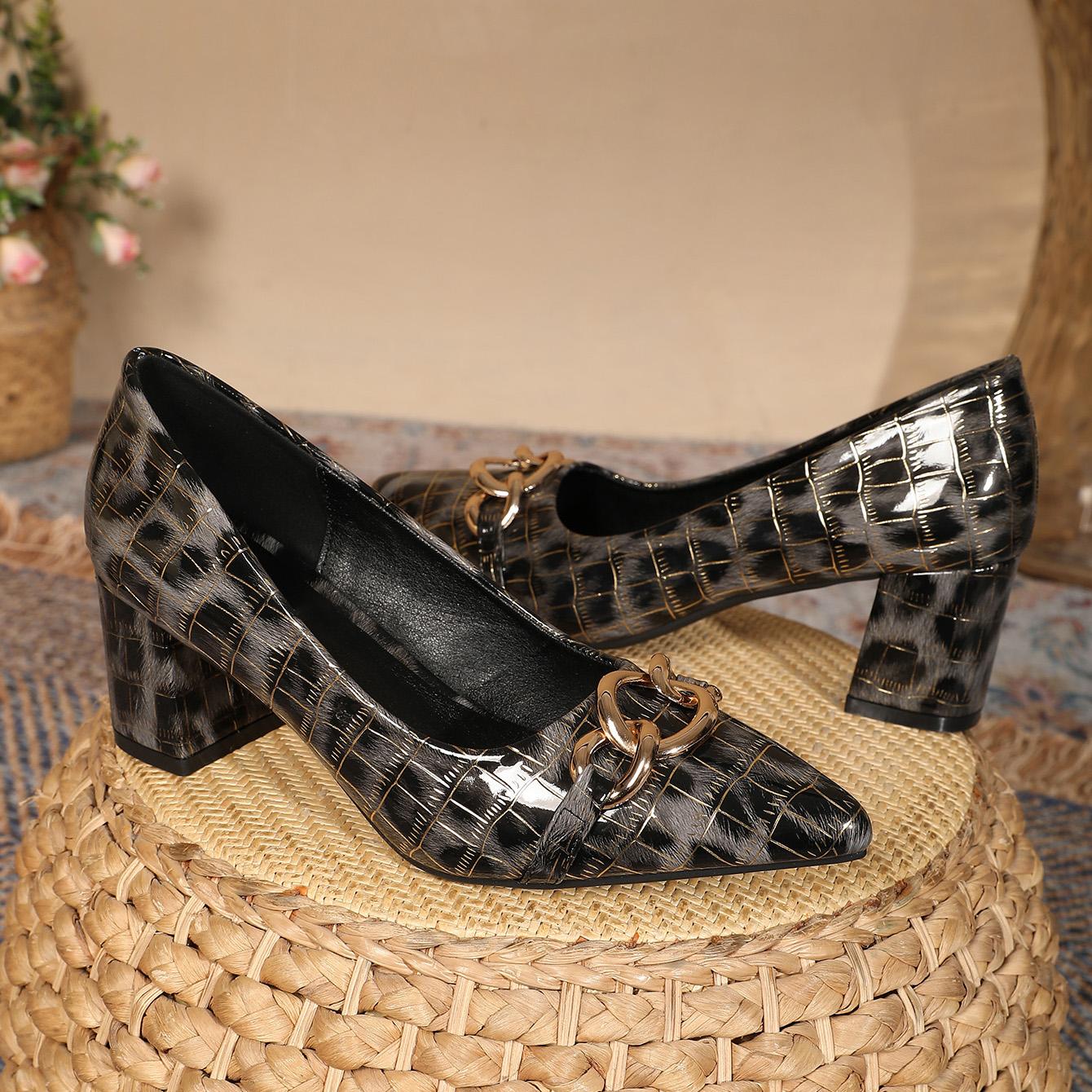 Women's Fashion Leopard Pattern Classic High Heels, Fashion Chain Decor Pointed Toe Shoes, Stylish Party Heels, Sexy Evening Fashion Shoes, for Weddings, Dinners, Parties Heels