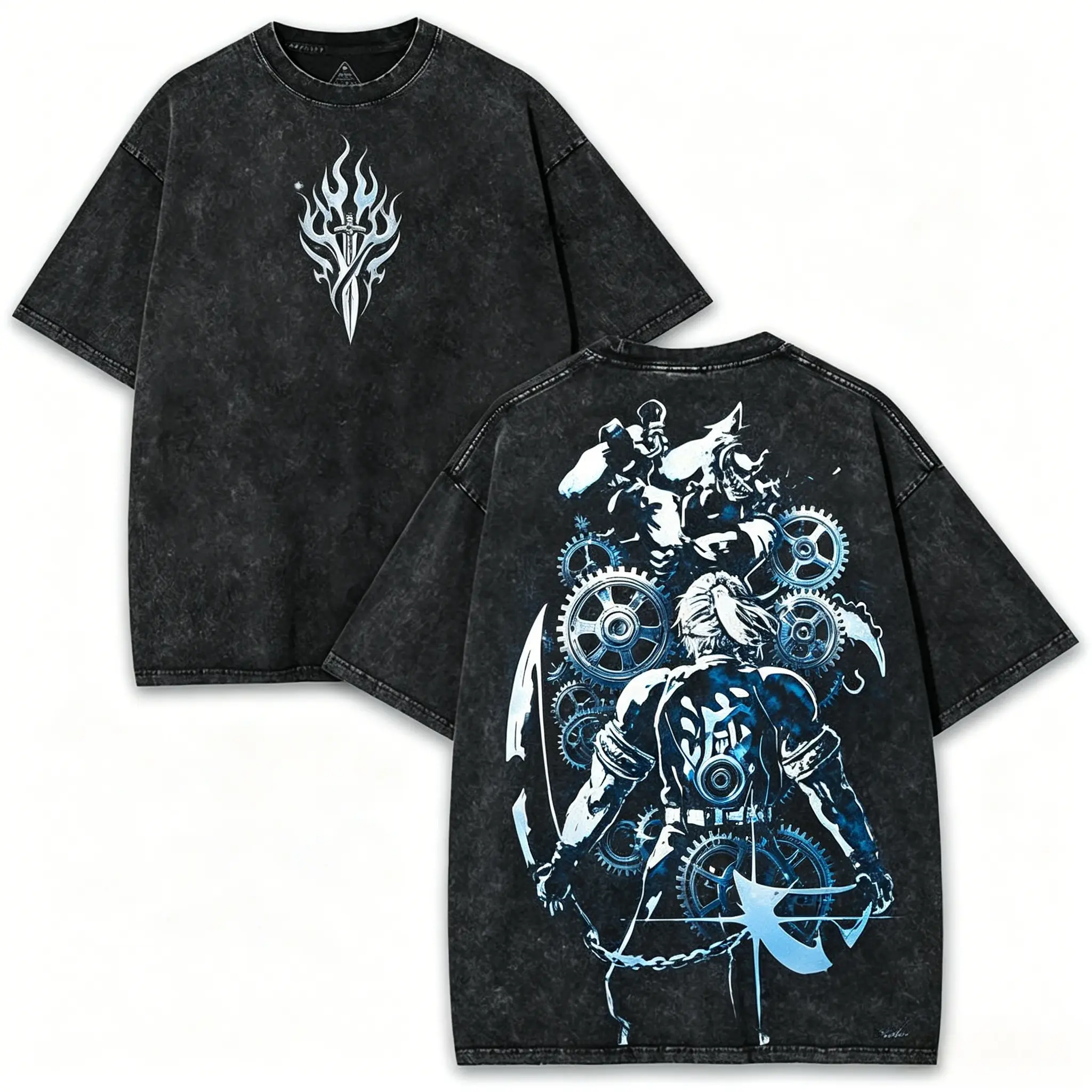 Men's Vintage Steampunk Samurai Graphic Oversized Crew Neck Distressed Acid Wash Cotton T-Shirt - Menswear Streetwear Top for Multiple Seasons, Festive Occasions