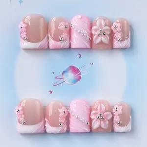 Nailssbysheccid, 10pcs press-on nails, Glossy false nails, square shape, 100% handmade, simple style, with French style, 3D, suitable for family dinners, dates, weddings, gift for girls, comes with jelly glue, crystal sticks and twisting rods