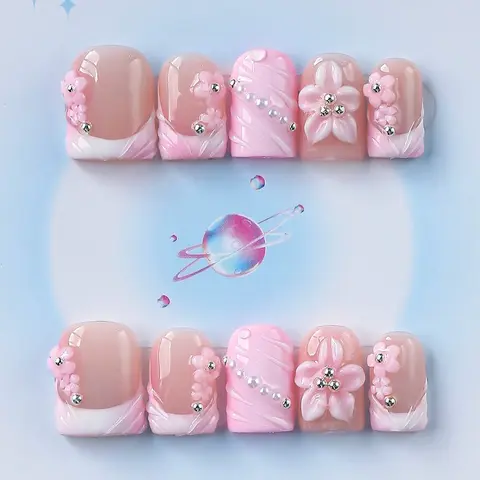 Nailssbysheccid, 10pcs press-on nails, false nails, French Tips Nails, square shape, 100% handmade, simple style, 3D, suitable for family dinners, dates, weddings, gift for girls, comes with jelly glue, crystal sticks and twisting rods