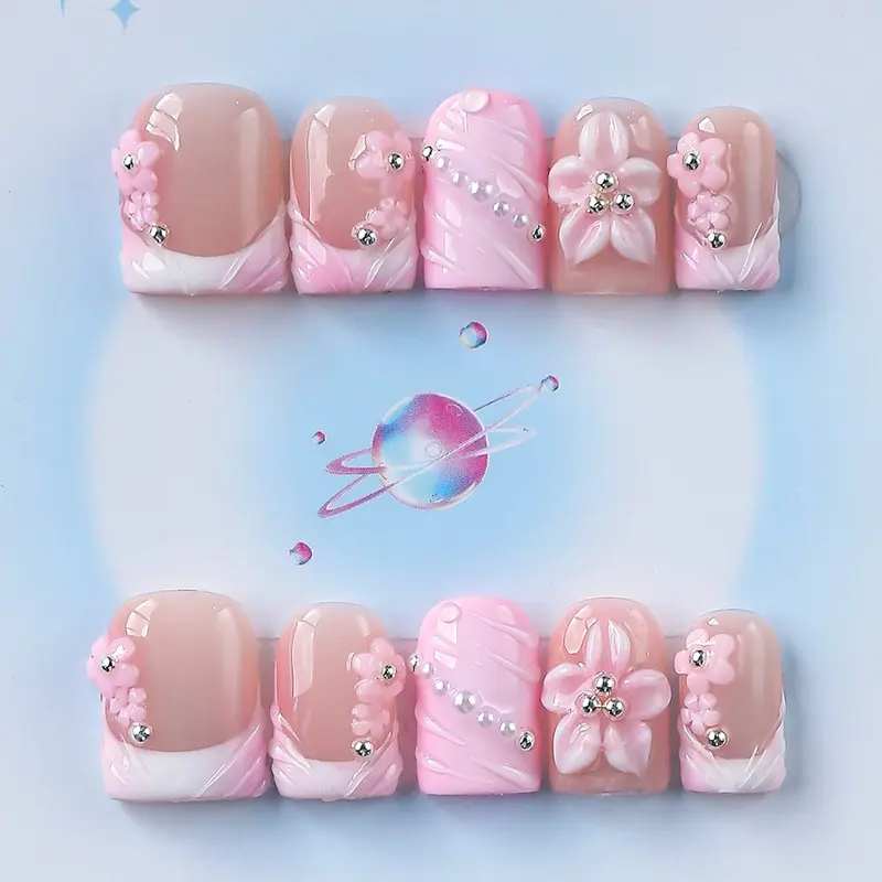 Nailssbysheccid, 10pcs press-on nails, false nails, French Tips Nails, square shape, 100% handmade, simple style, 3D, suitable for family dinners, dates, weddings, gift for girls, comes with jelly glue, crystal sticks and twisting rods