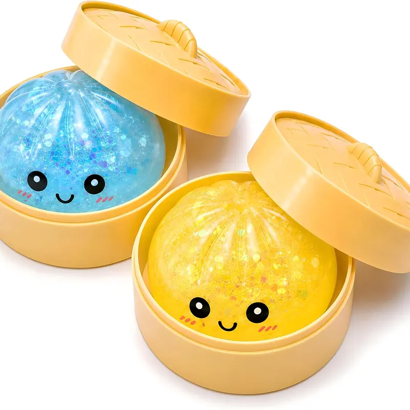 KIDGENIUS 2-Piece Glitter Mystery Dumpling Baozi Squishies with Steamer Box - Dumpling Stress Relief Set Pack, Assorted Collectible Squishies, Baozi Squishy Stress Relief Toys, 3+ Years Fidget Aid for Children Aged 3+ Neurodivergent Kids