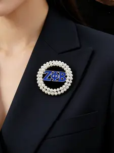 Women Greek Sorority Zeta ZPB Blue and White Pearl Inlaid Hollow Design Round Shaped Cute Brooch Pin Unique Round Shape Elegant