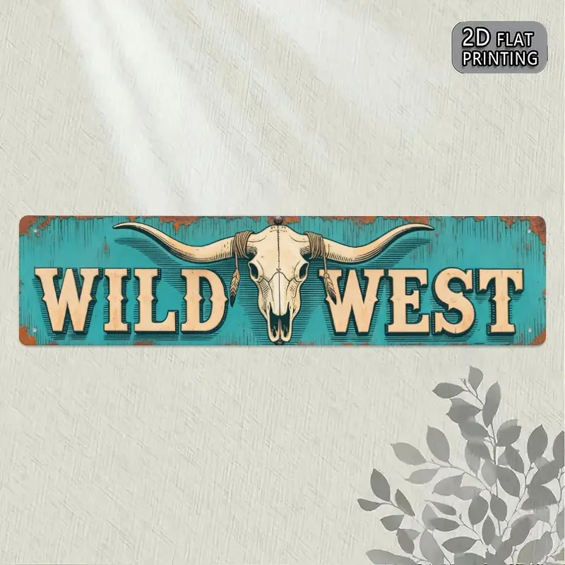 1PC Wild West Longhorn Metal Sign, Decorative Wall Sign, Vintage Plaque Decor, Rustic Farmhouse Design Wall Decor for Bars, Farmhouses, Game Rooms, Rectangle Design, Western Theme Wall Hanging with Teal Background & Gold Letters, Wall Art Sign
