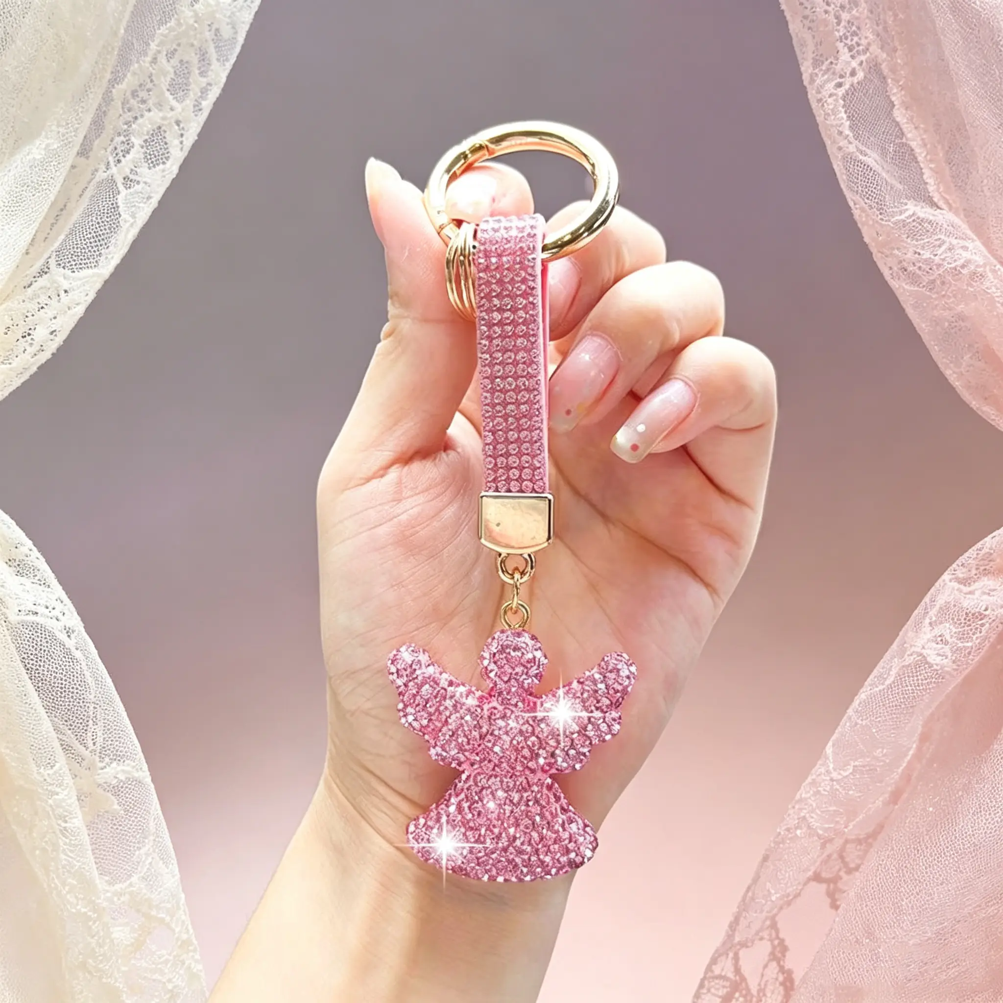 Stylish Decor Stone Strap Ceramic Clay Angel Keychain, Distinctive Handmade Shiny Ornament Pendant, Daily Hanging Accessory for Car Keys, Handbags & Backpacks